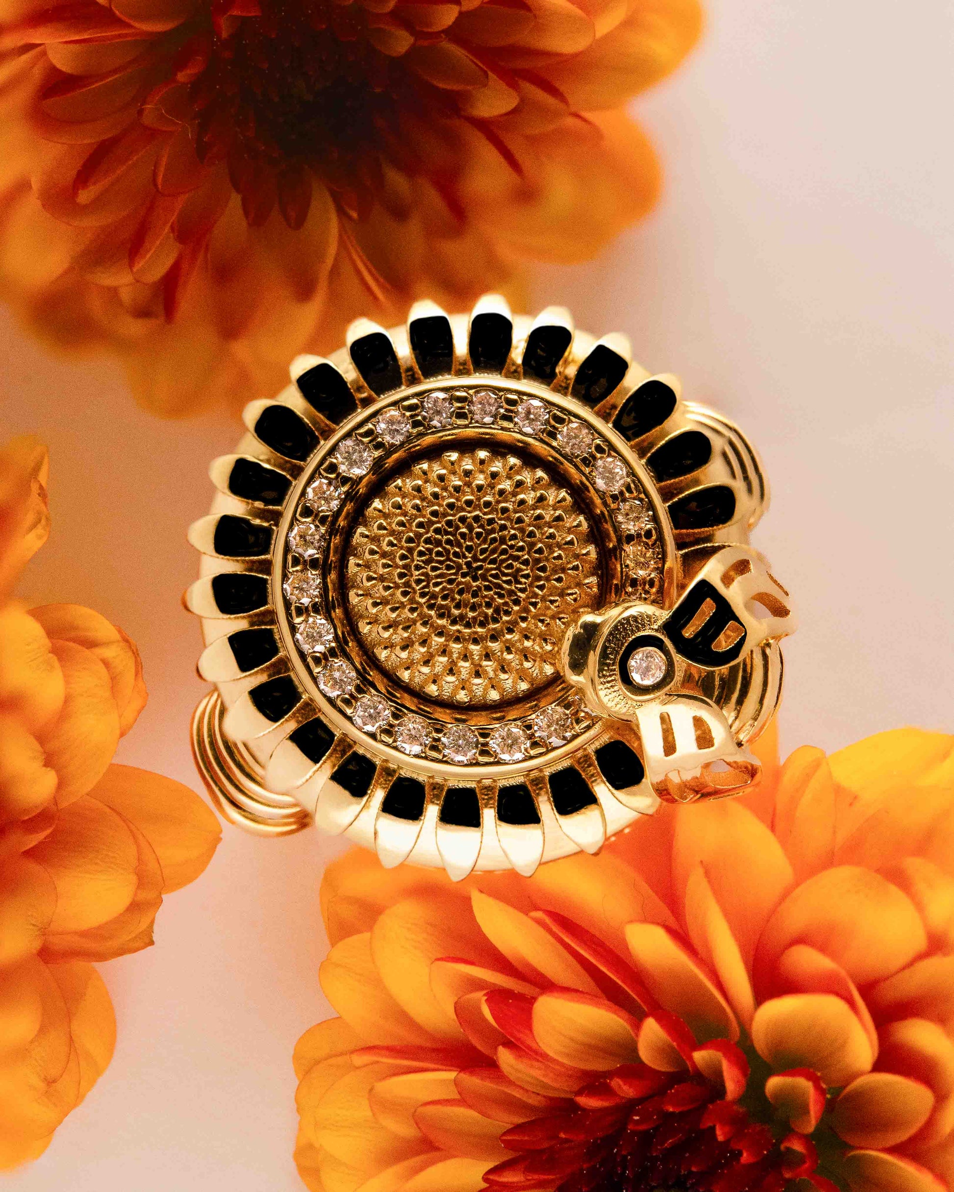 Sunflower and Golden Bee Ring with Diamonds