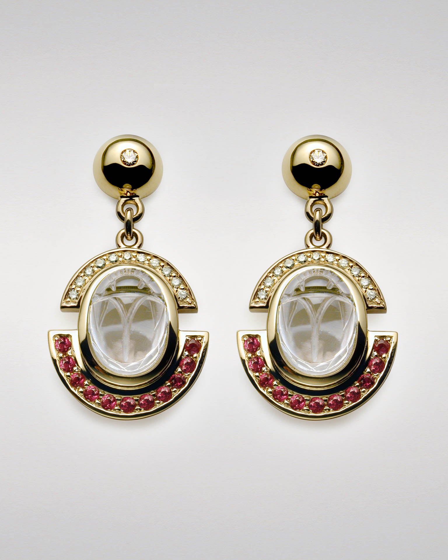 Carved Quartz Scarab, Diamond and Ruby Earrings