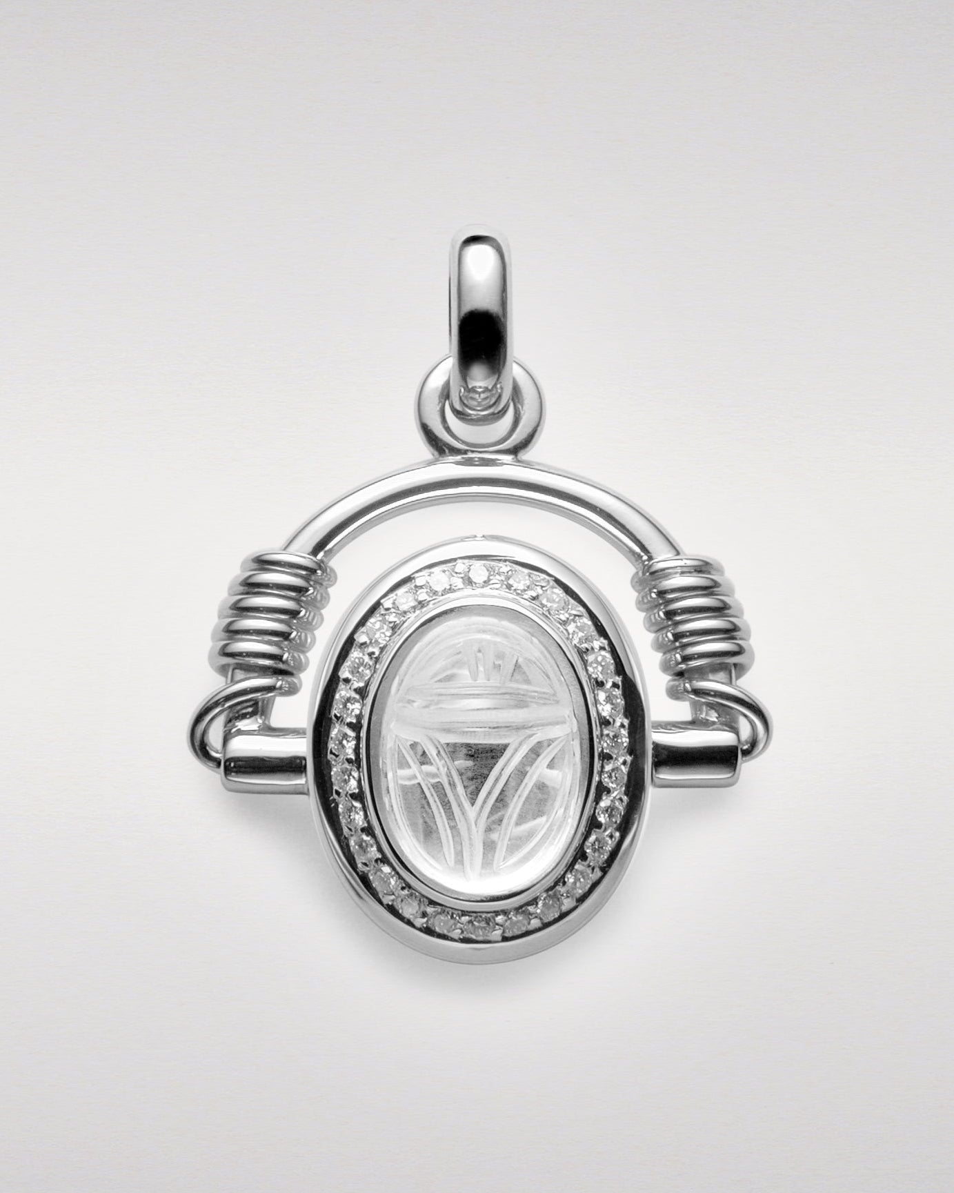 Carved Quartz Scarab and Diamond Pendant