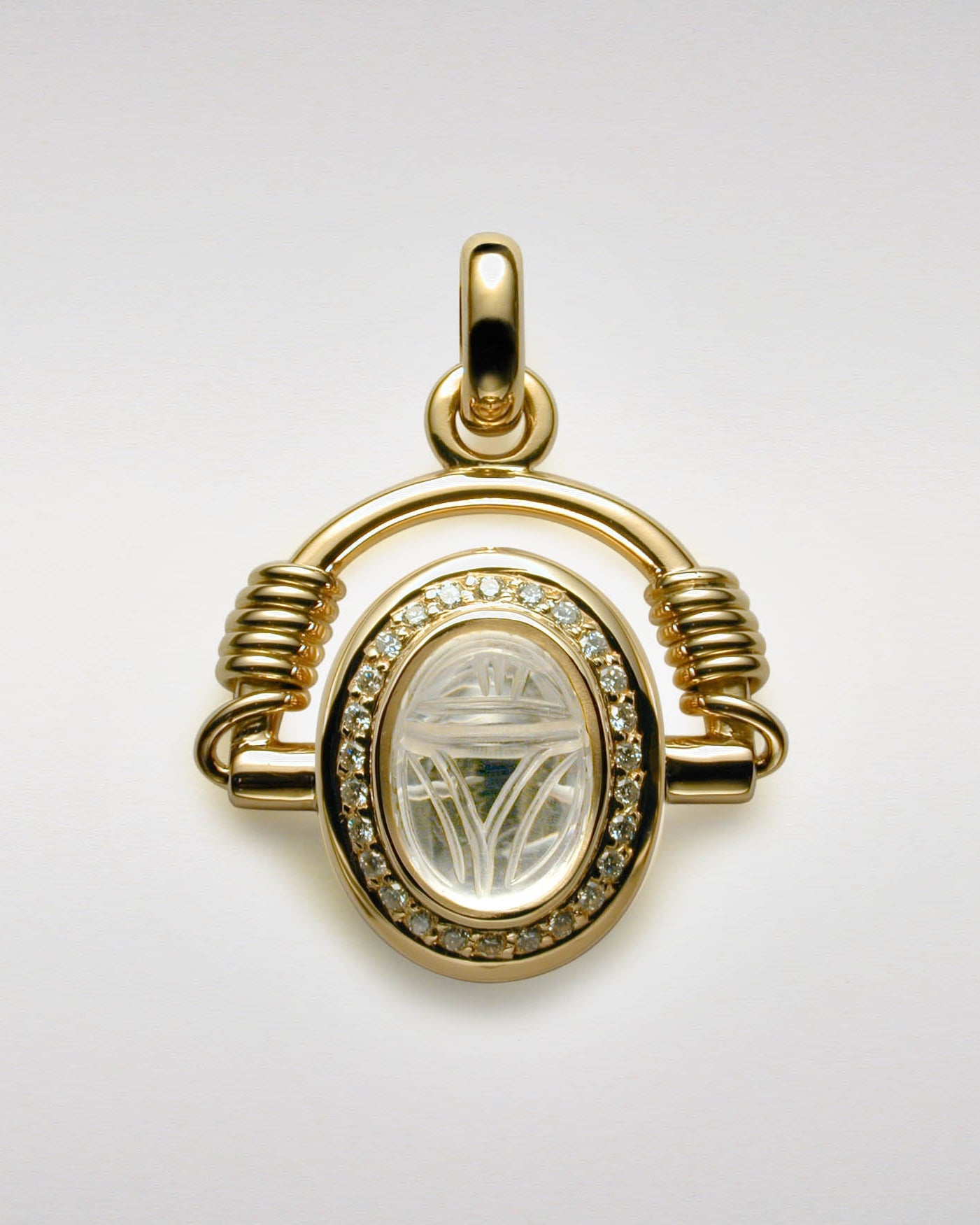 Carved Quartz Scarab and Diamond Pendant