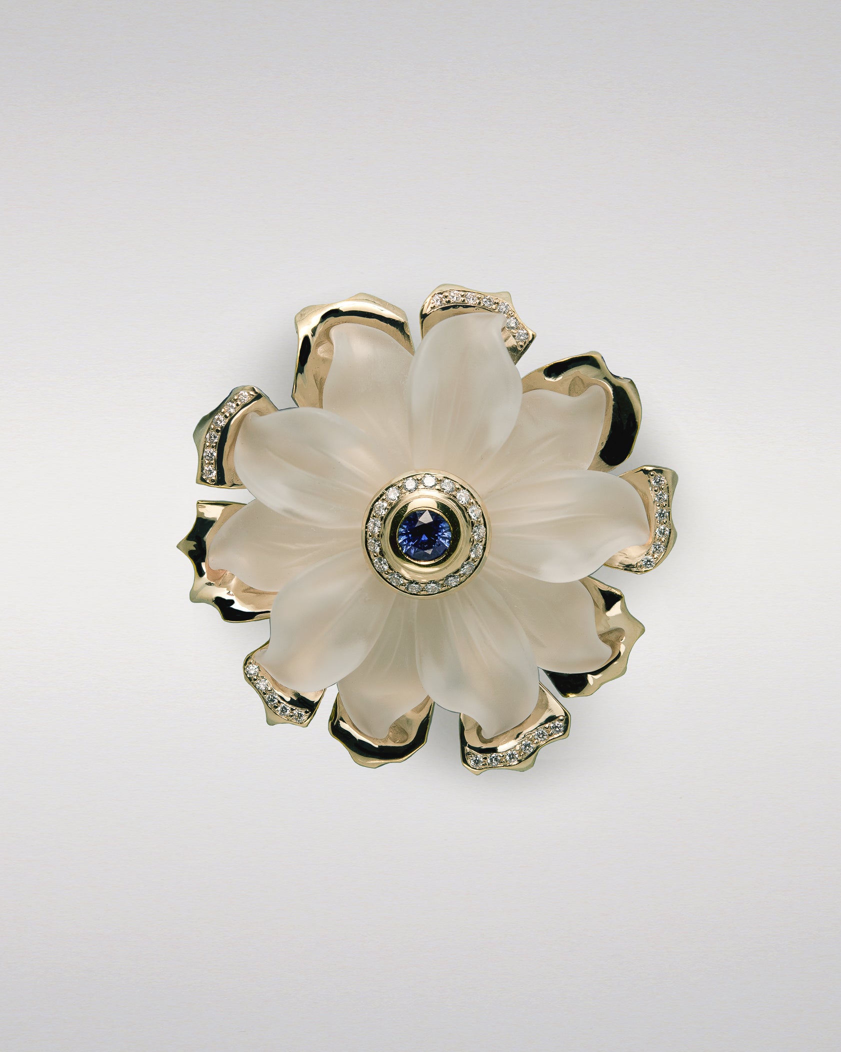 Carved Quartz Gardenia Pendant with Sapphire and Diamonds
