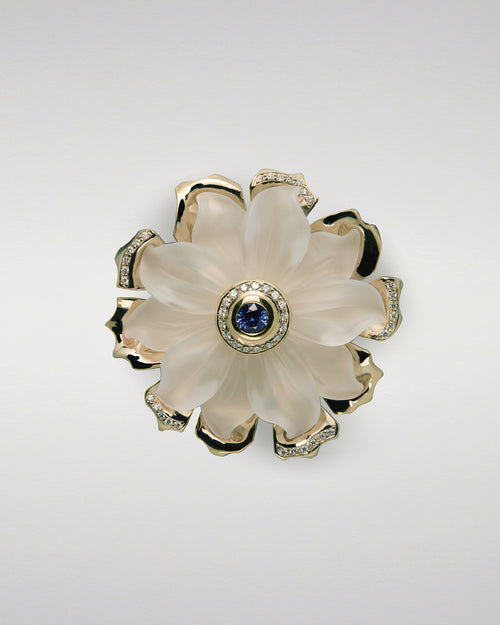 Carved Quartz Gardenia Pendant with Sapphire and Diamonds