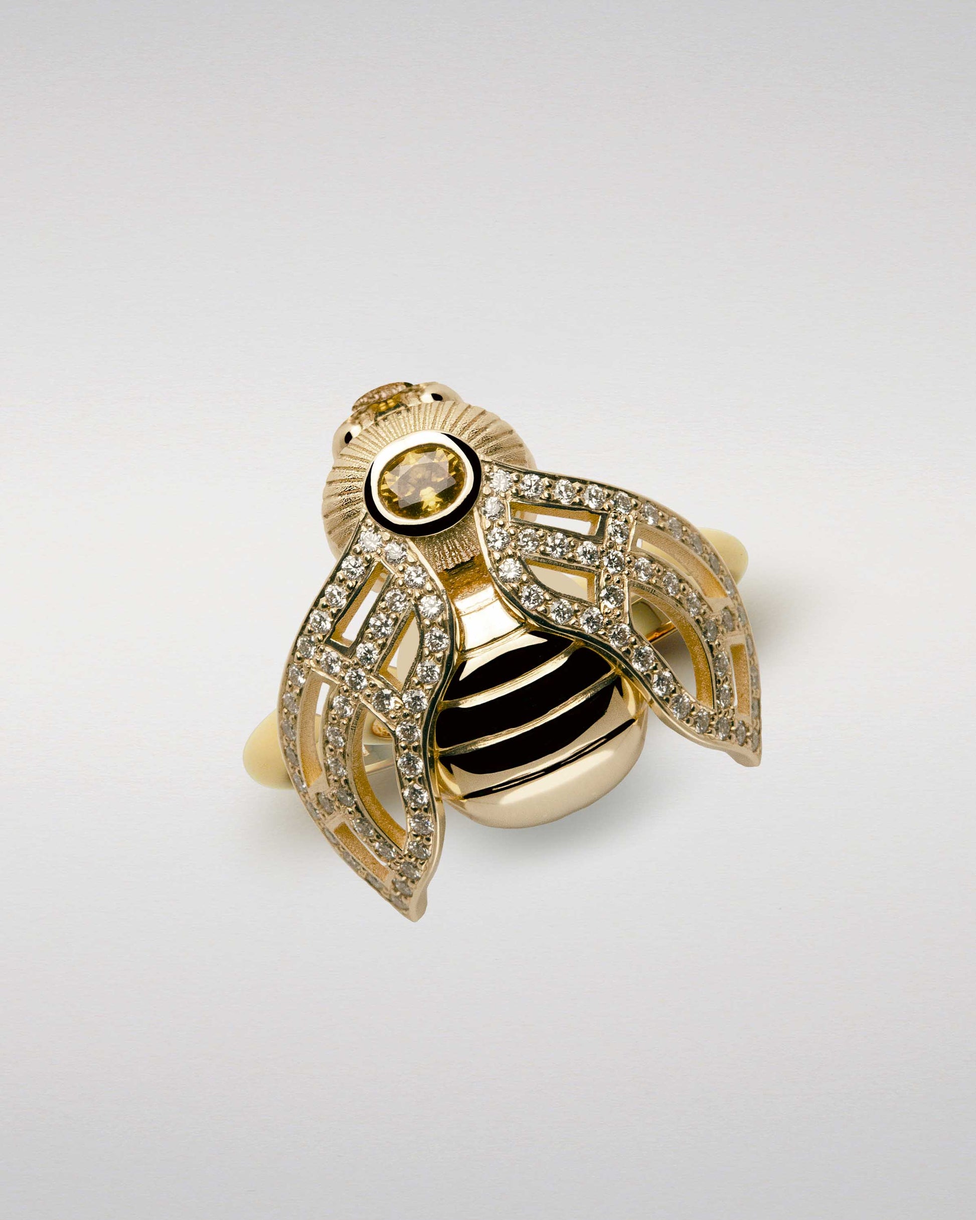 Golden Bee Ring with Sapphire and Pavé-Set Diamonds