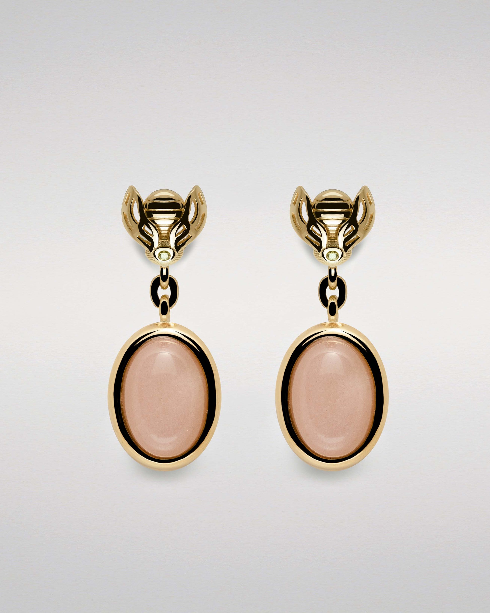 Golden Bee and Peach Moonstone Drop Earrings