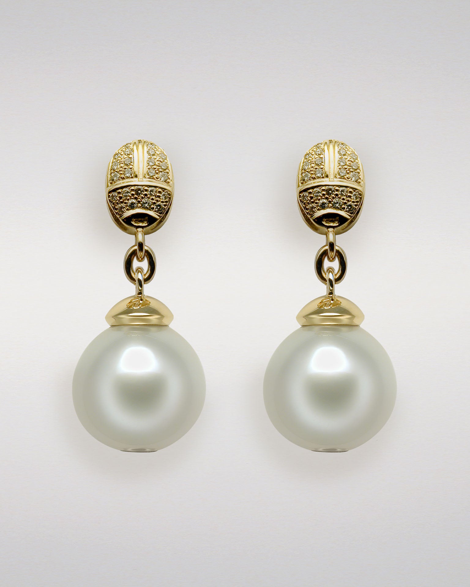 Classical Scarab and South Sea Pearl Drop Earrings