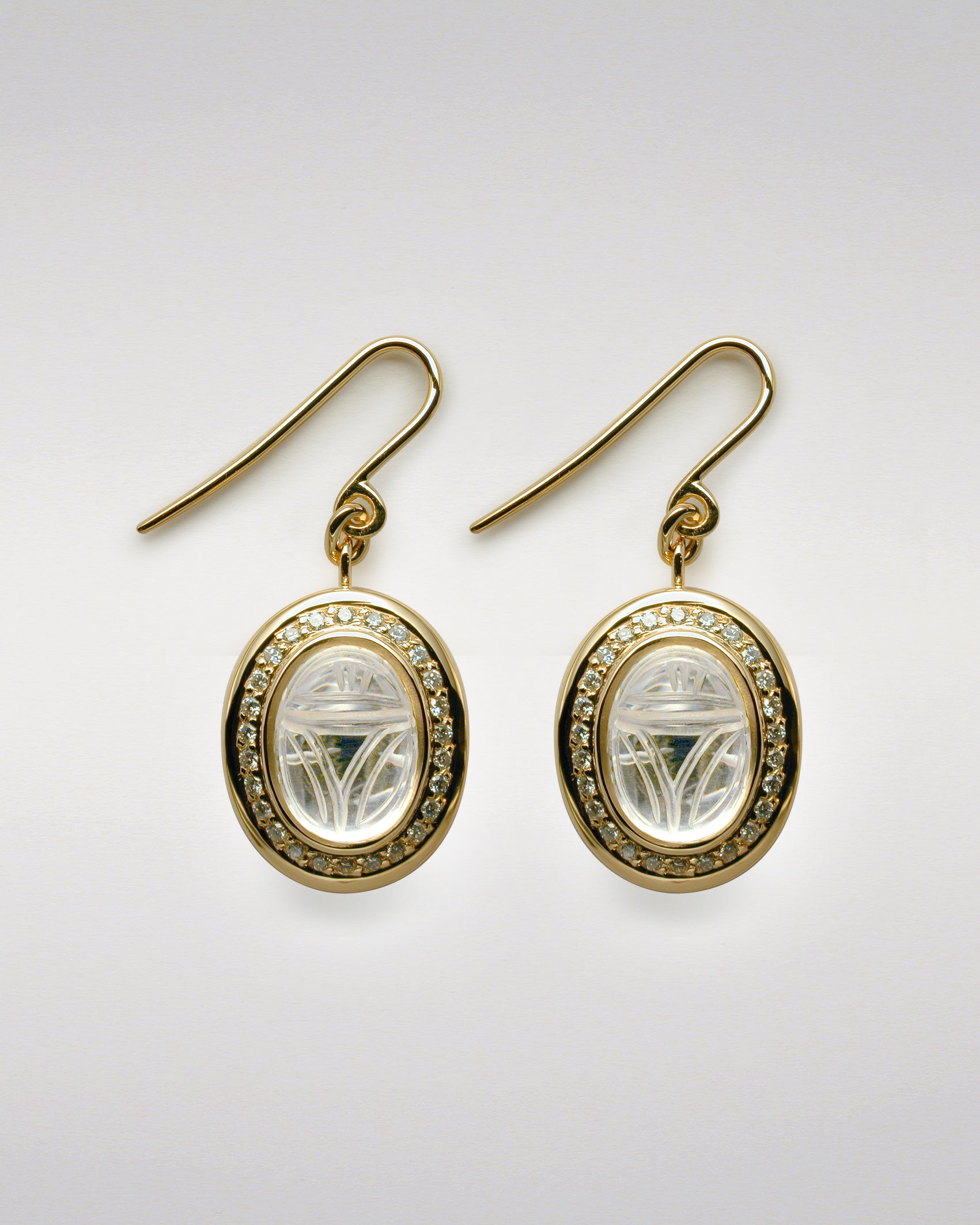 Carved Quartz Scarab and Diamond Earrings