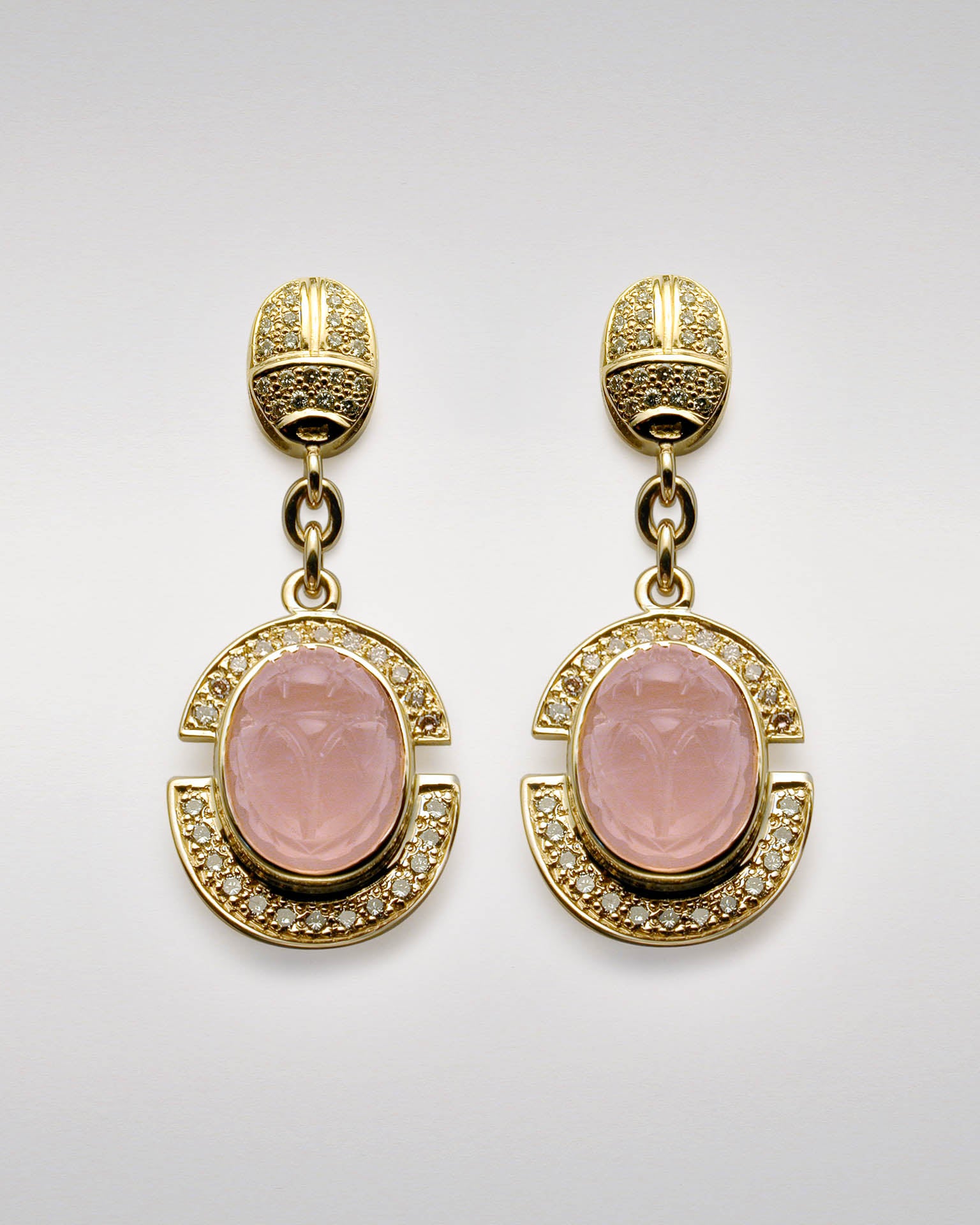 Carved Rose Quartz Scarab and Diamond Earrings