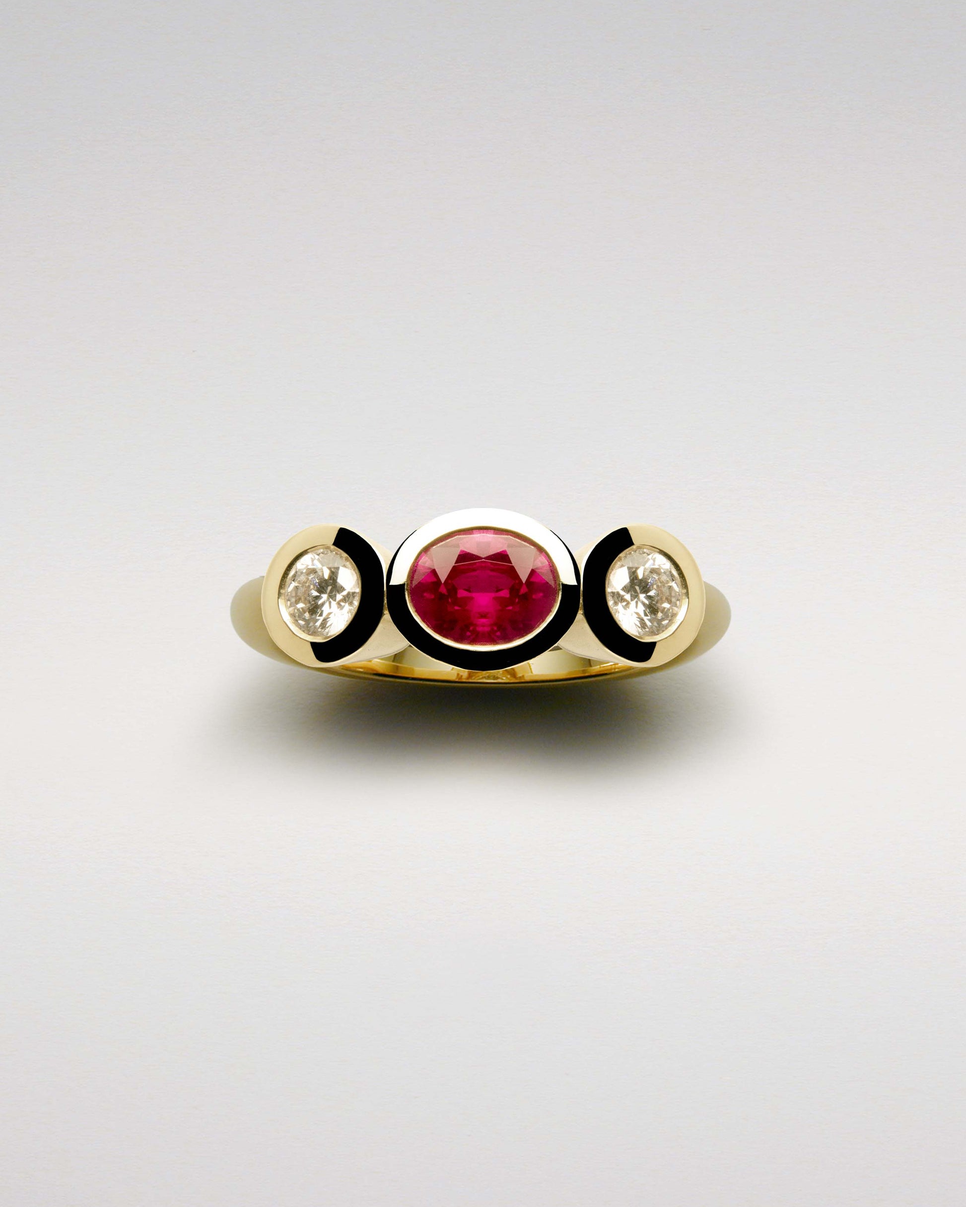 Three Brilliants Ring with Ruby and Diamonds