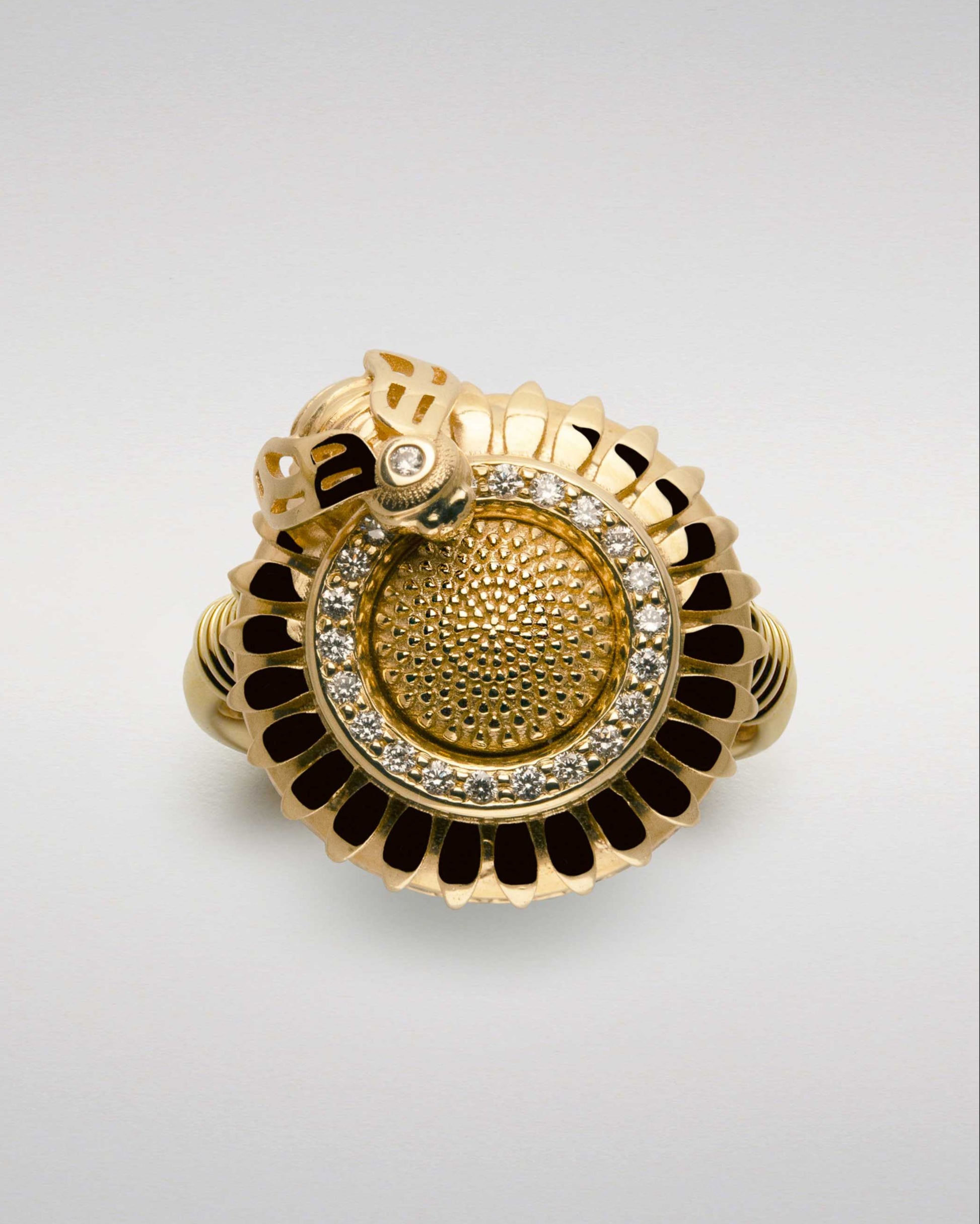 Sunflower and Golden Bee Ring with Diamonds