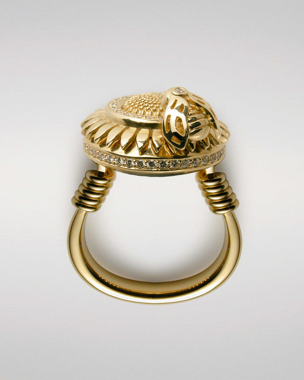 Sunflower and Golden Bee Ring with Diamonds